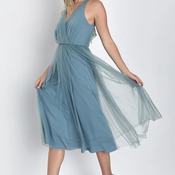 NWT Elegant Ambiance Slate Blue Tulle A-Line Midi Dress XL - Picture 4 of 7